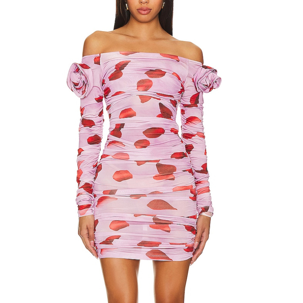 Mirae Pink Bodycon Mini Dress Size 2 Mesh Ruched Cocktail Off Shoulder $475 NEW